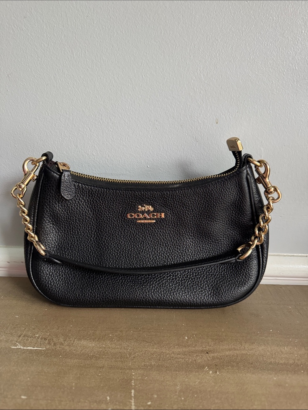 COACH Black Pebbled Leather Shoulder Bag with Gold Hardware